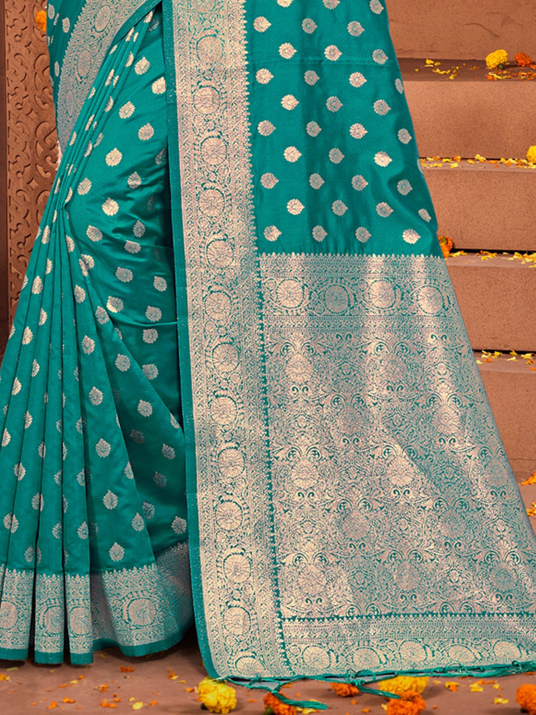 Turquoise Silk Woven Work Traditional Tassels Saree