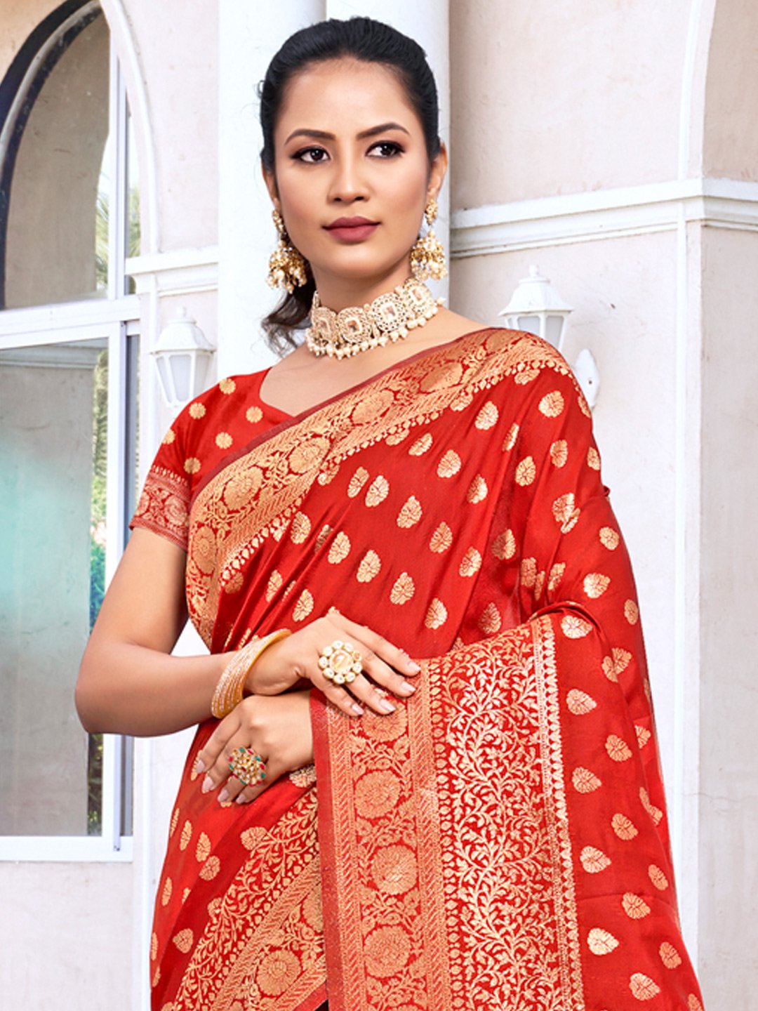 Red Silk Woven Work Traditional Tassels Saree