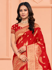 Red Silk Woven Work Traditional Tassels Saree