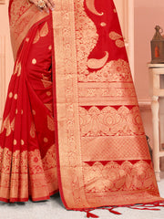 Red Silk Woven Work Traditional Tassels Saree