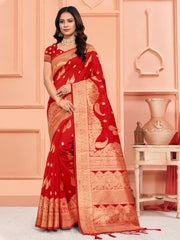 Red Silk Woven Work Traditional Tassels Saree