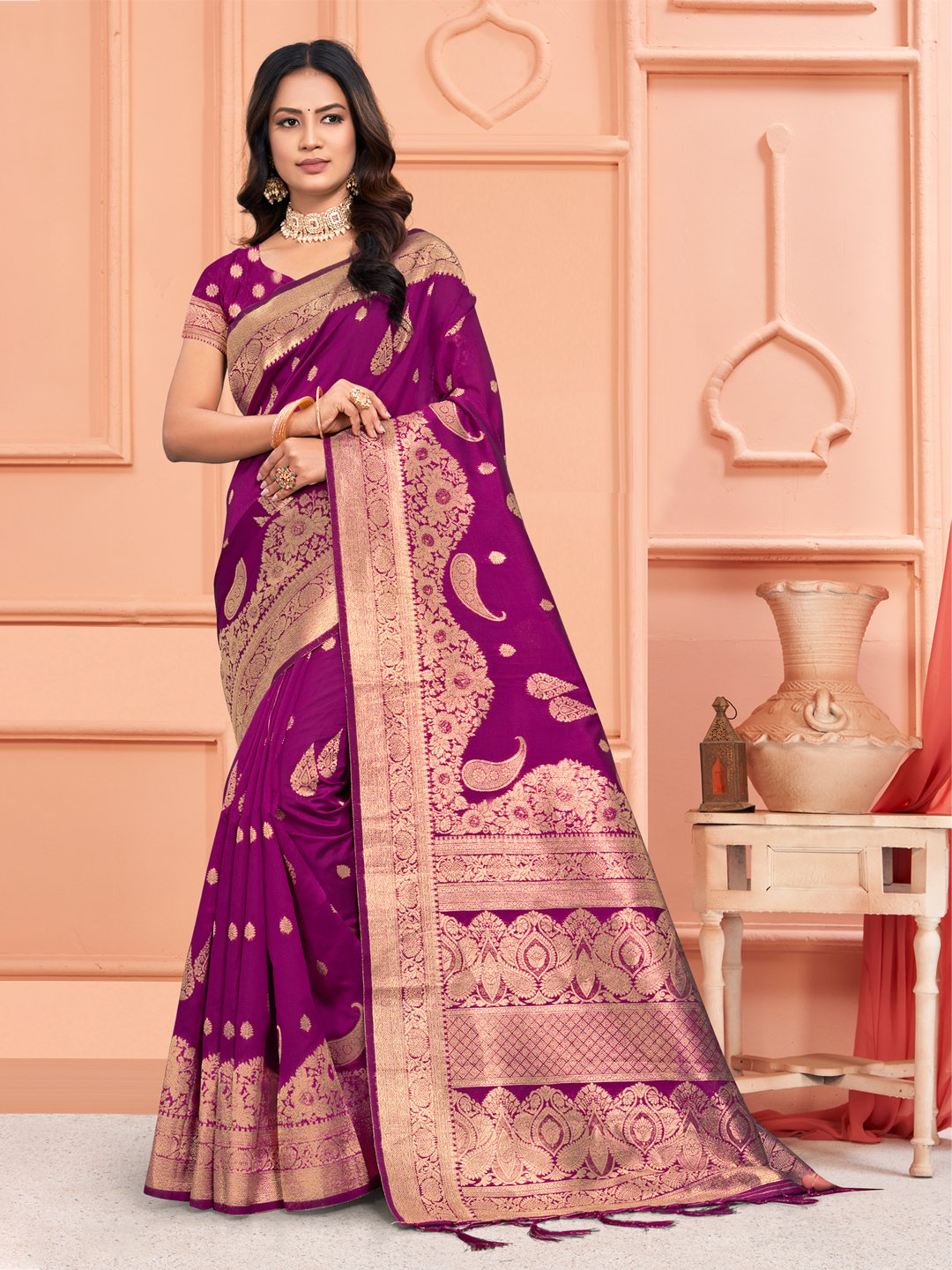 Wine Silk Woven Work Traditional Tassels Saree