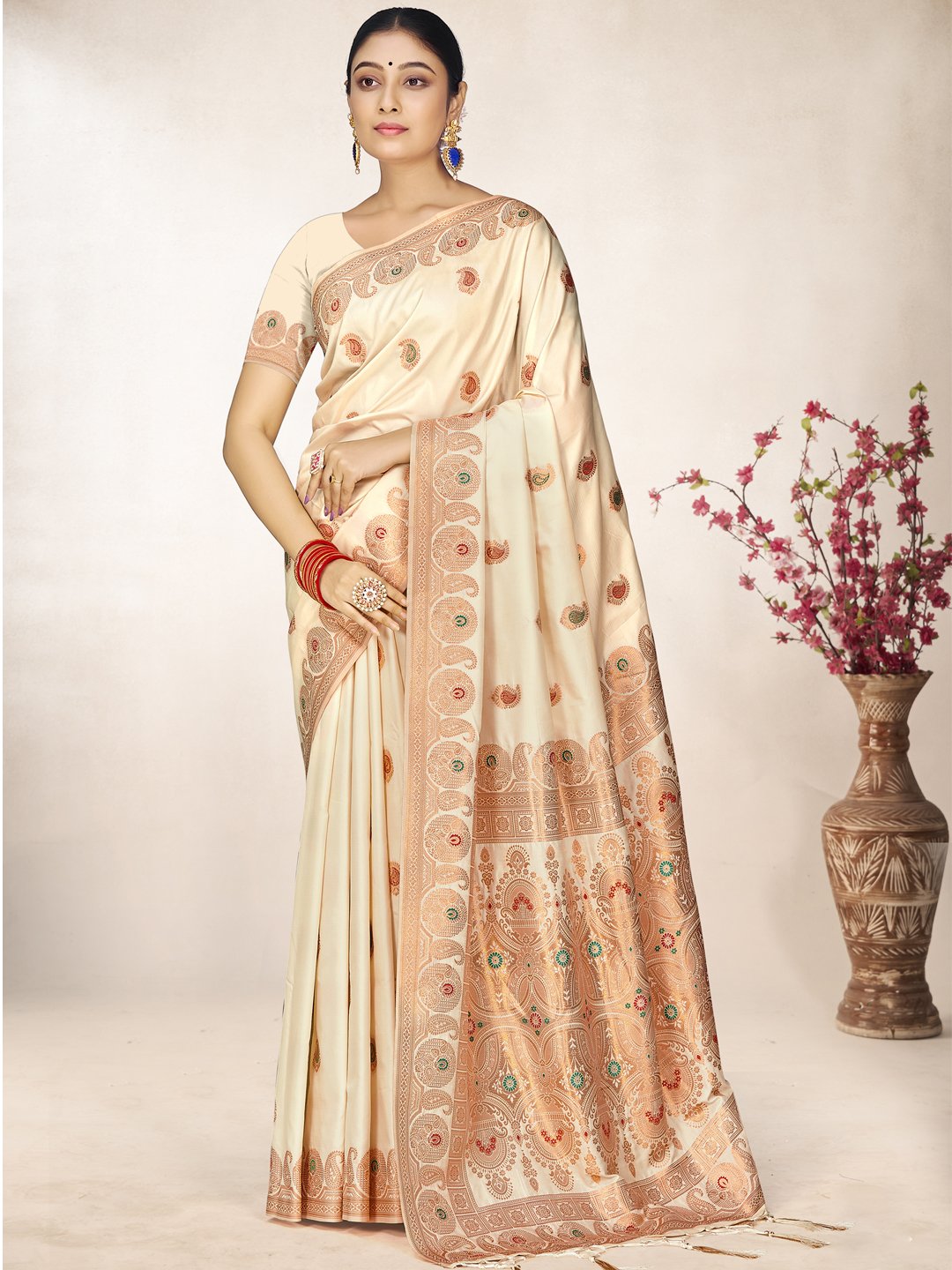 Off White Silk Woven Work Traditional Saree