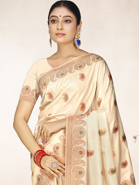 Off White Silk Woven Work Traditional Saree