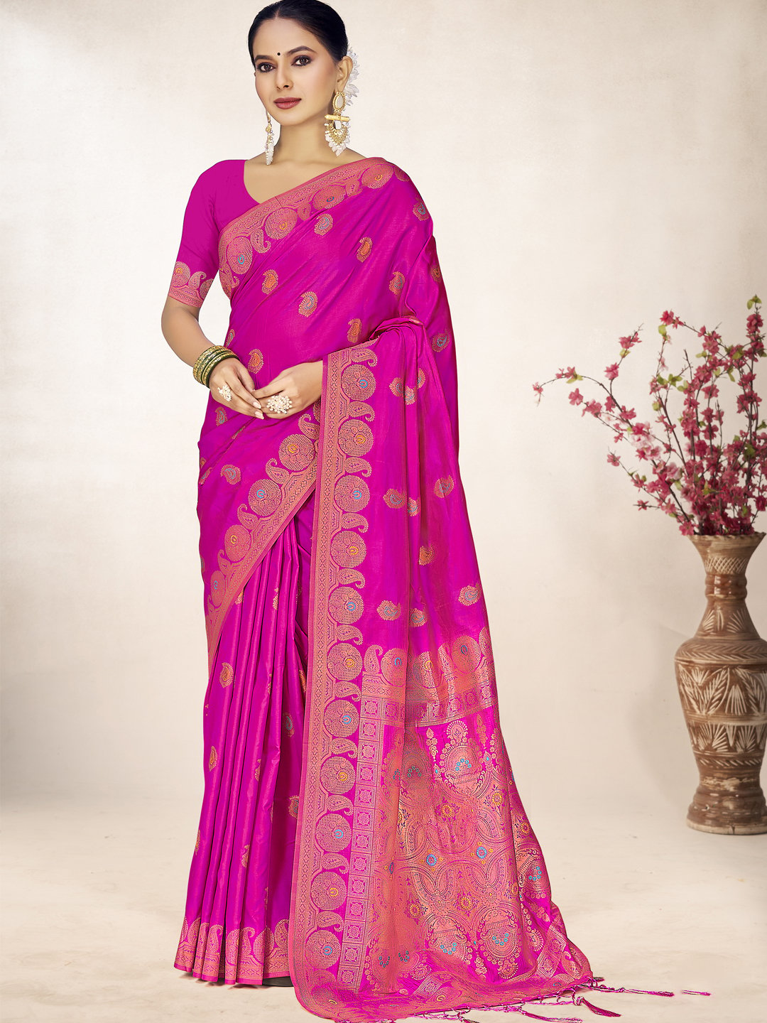 Pink Silk Woven Work Traditional Saree