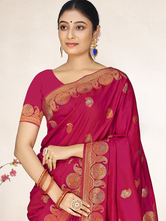 Maroon Silk Woven Work Traditional Saree