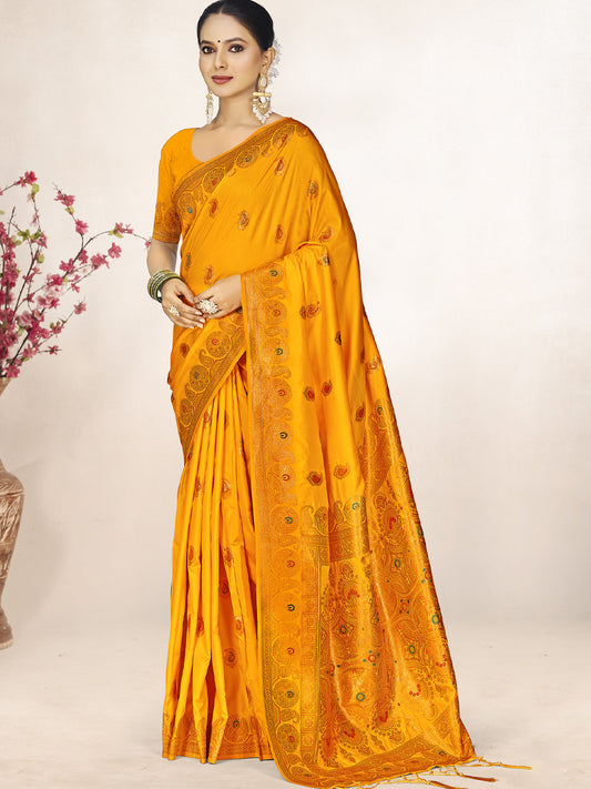 Yellow Silk Woven Work Traditional Saree