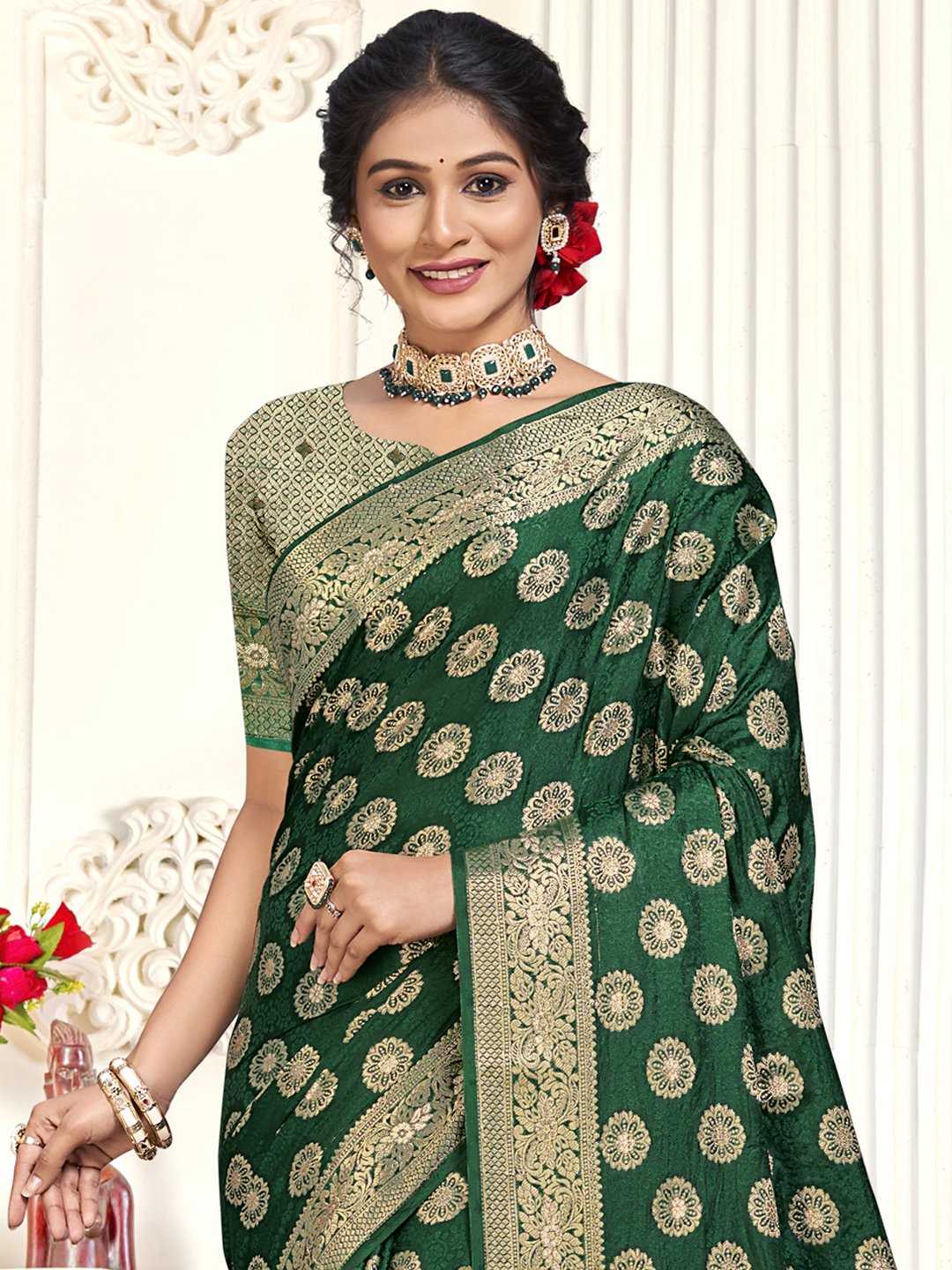 Dark Green Silk Woven Work Traditional Saree