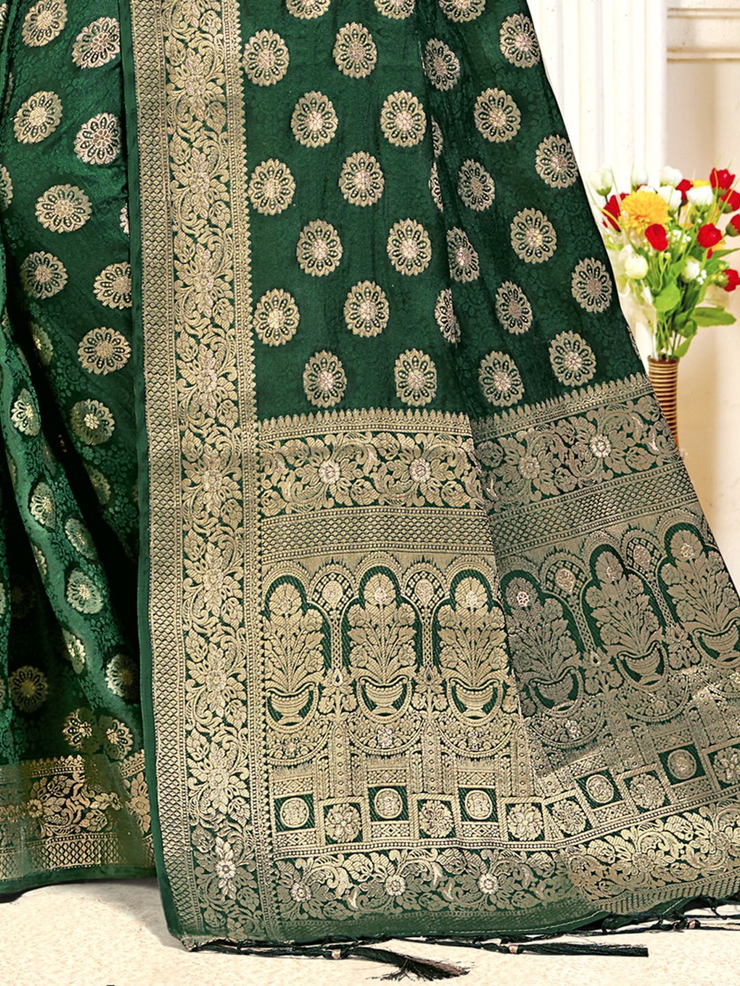 Dark Green Silk Woven Work Traditional Saree