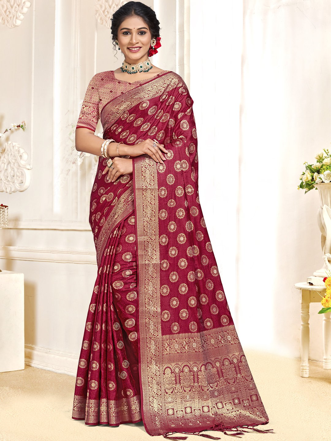 Maroon Silk Woven Work Traditional Saree