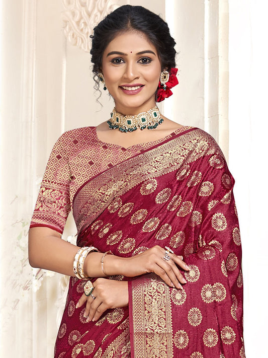 Maroon Silk Woven Work Traditional Saree