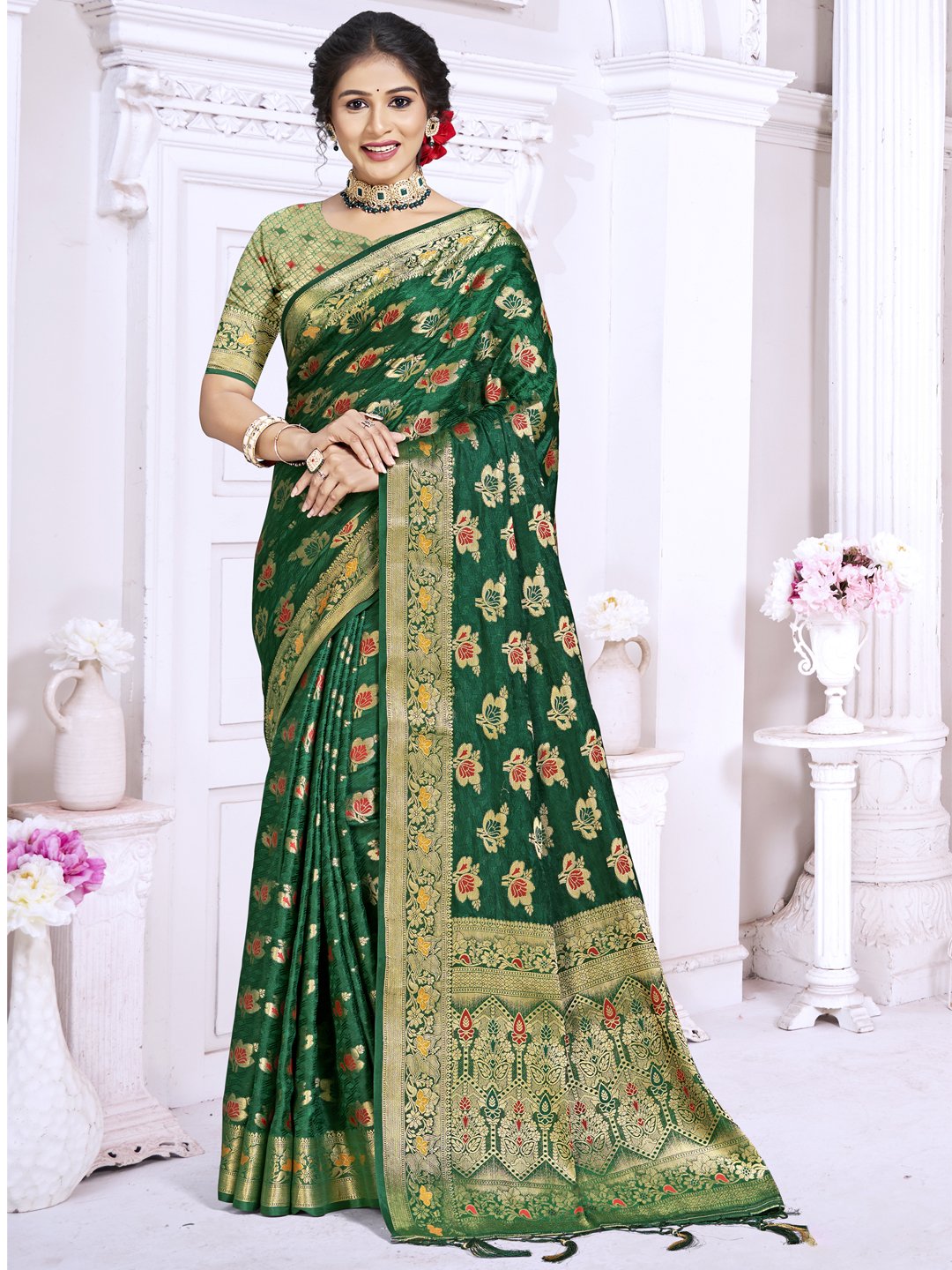 Dark Green Silk Woven Work Traditional Saree