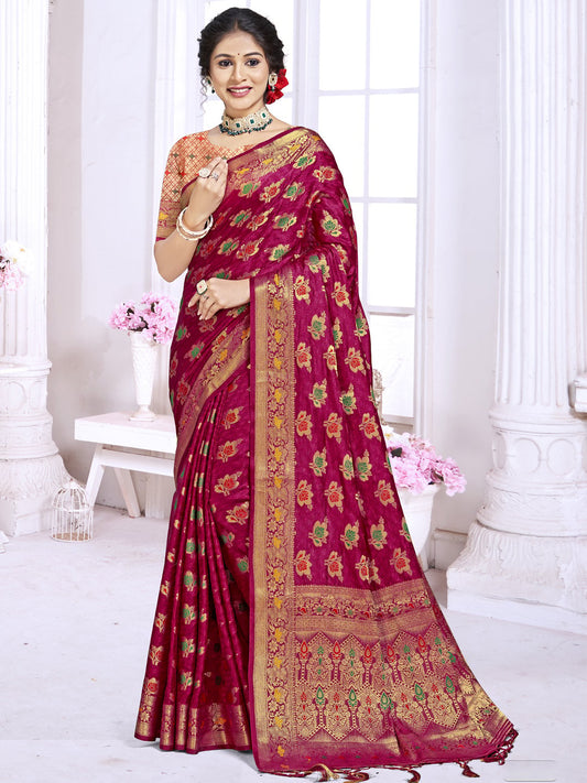 Maroon Silk Woven Work Traditional Saree