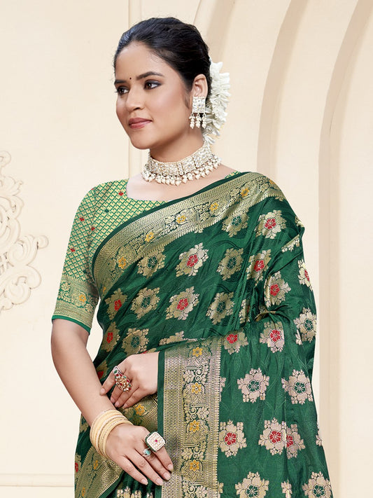 Dark Green Silk Woven Work Traditional Saree