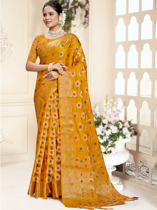 Yellow Silk Woven Work Traditional Saree