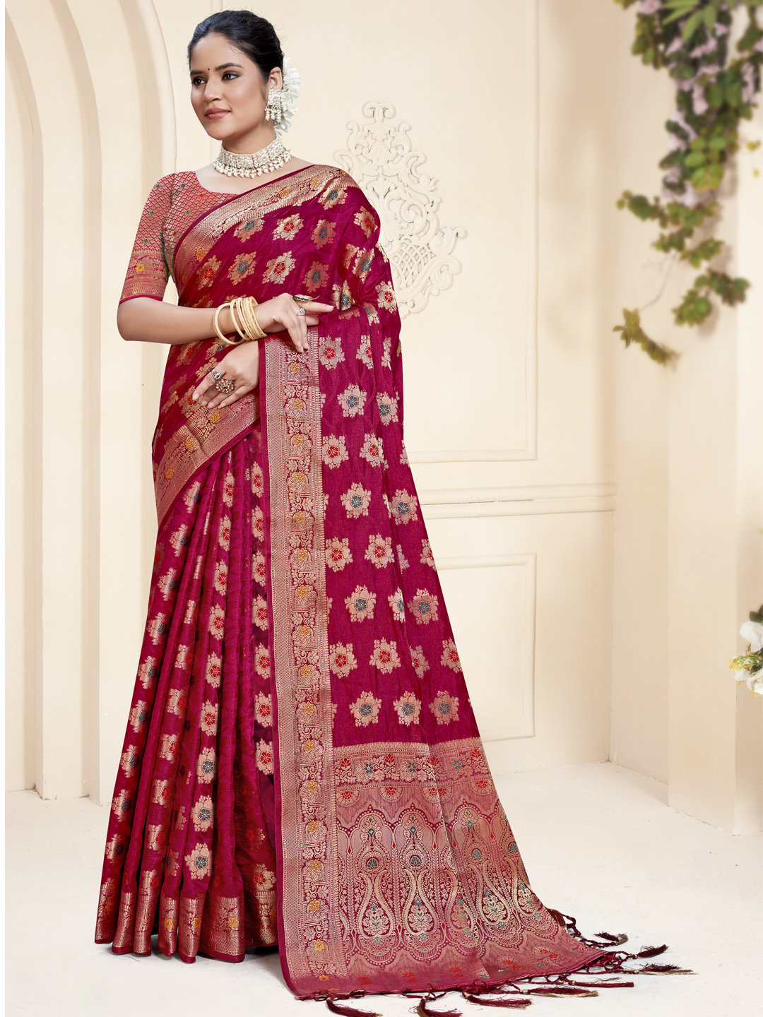 Maroon Silk Woven Work Traditional Saree