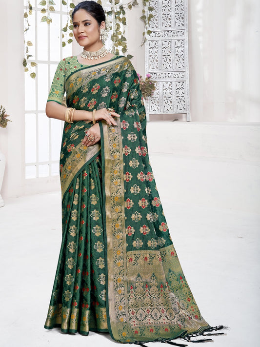 Dark Green Silk Woven Work Traditional Saree