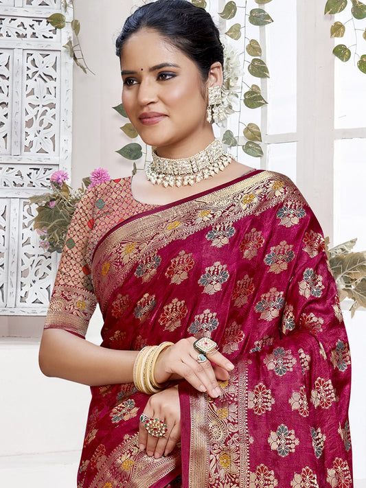 Maroon Silk Woven Work Traditional Saree