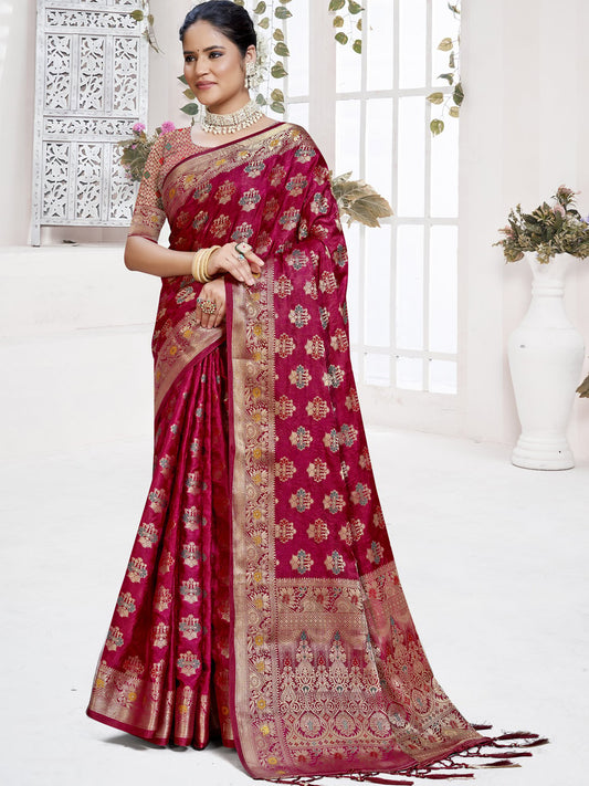 Maroon Silk Woven Work Traditional Saree