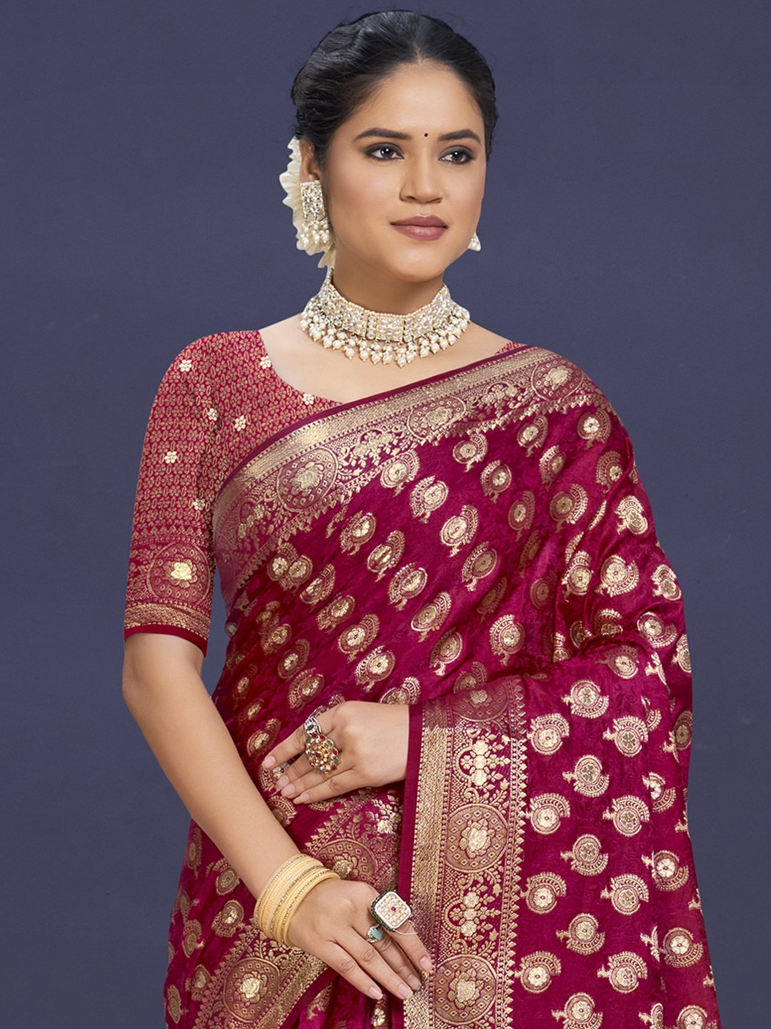 Maroon Silk Woven Work Traditional Saree