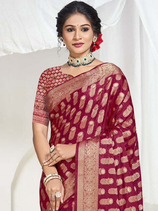 Maroon Silk Woven Work Traditional Saree