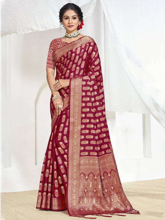 Maroon Silk Woven Work Traditional Saree