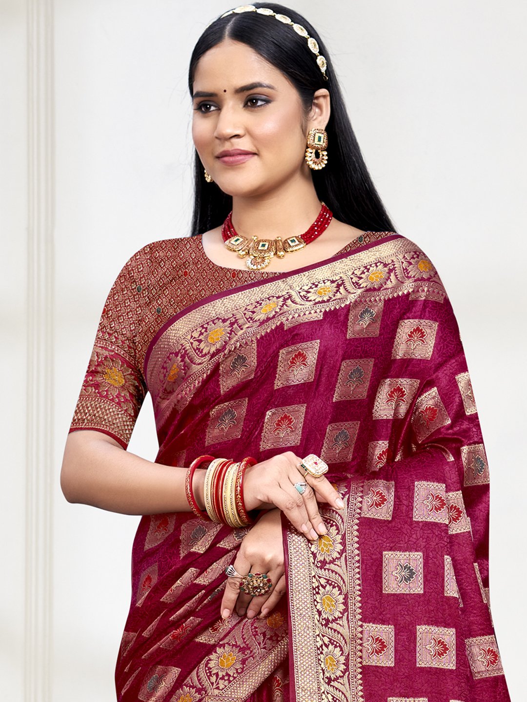 Maroon Silk Woven Work Traditional Saree