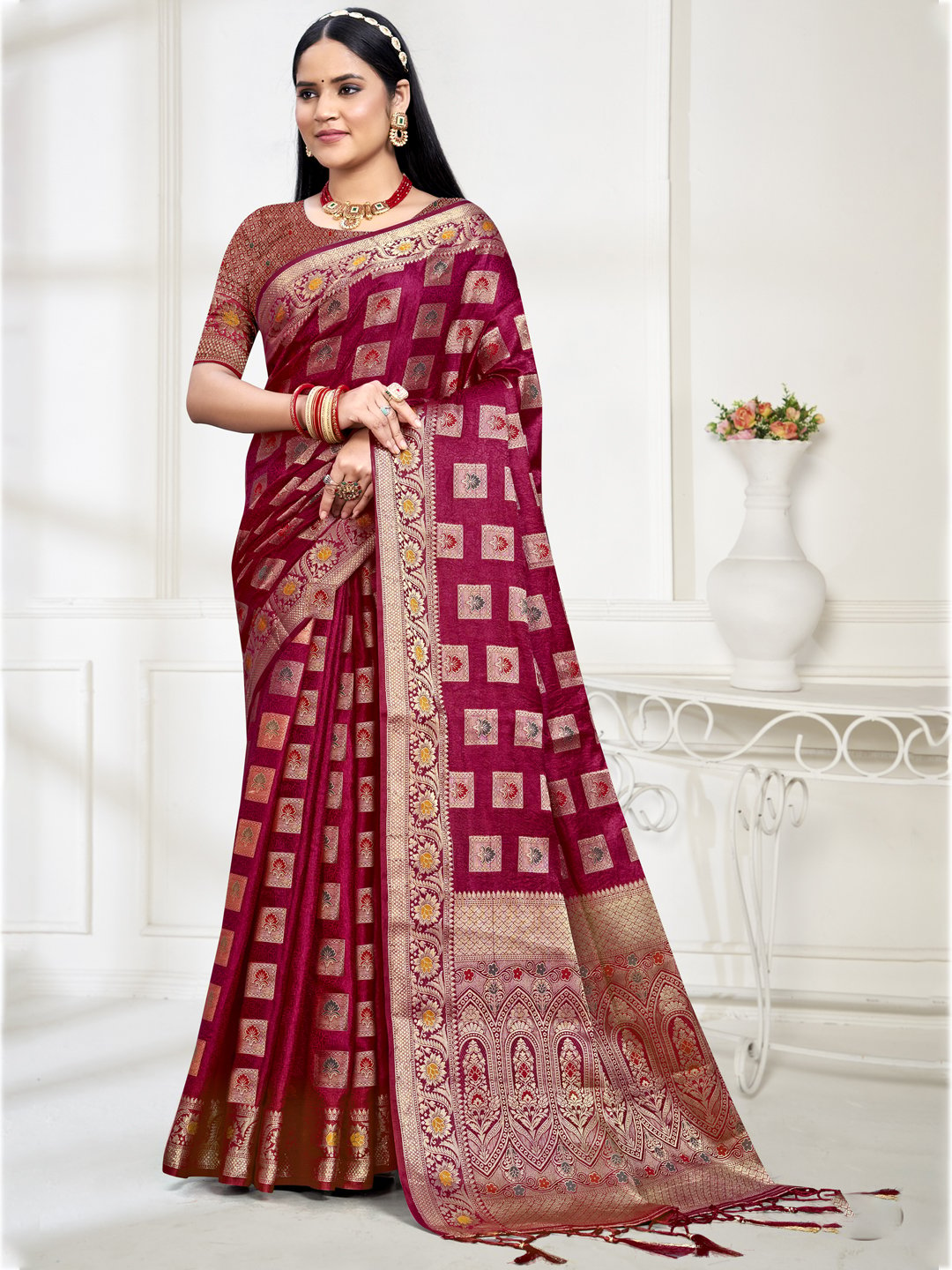 Maroon Silk Woven Work Traditional Saree