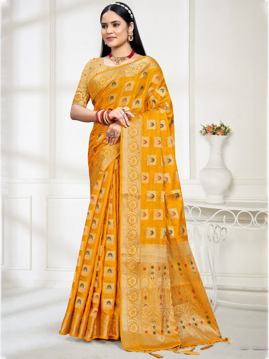 Yellow Silk Woven Work Traditional Saree