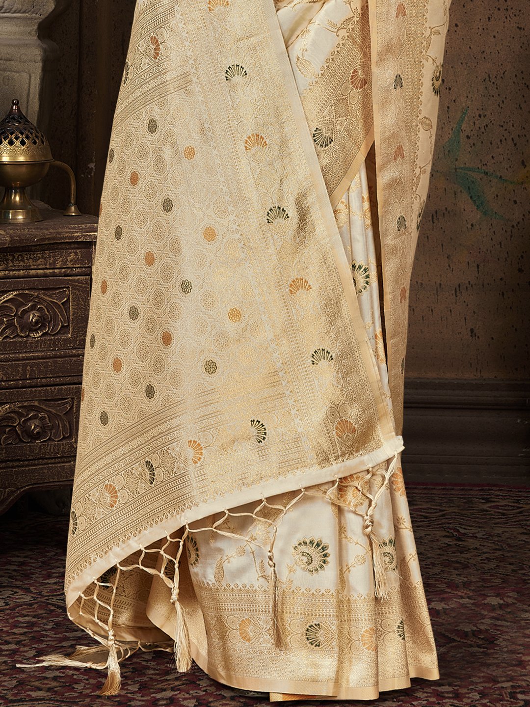 Cream Silk Woven Work Traditional Saree