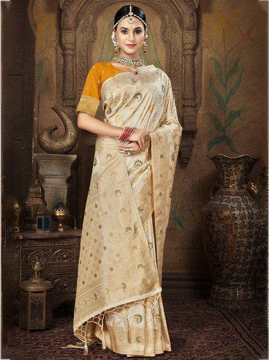 Cream Silk Woven Work Traditional Saree