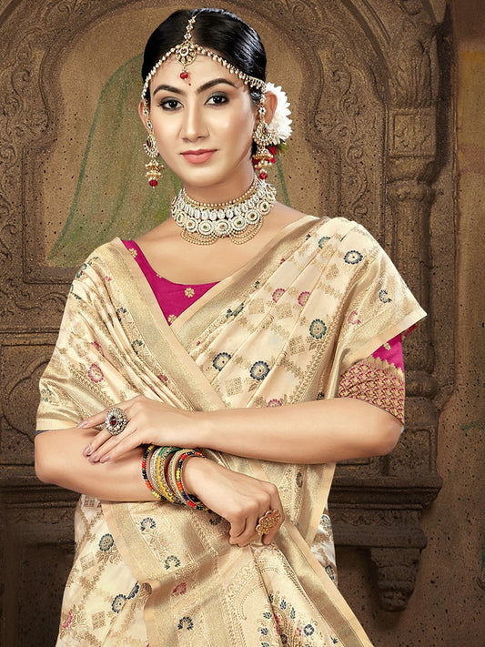 Cream Silk Woven Work Traditional Saree