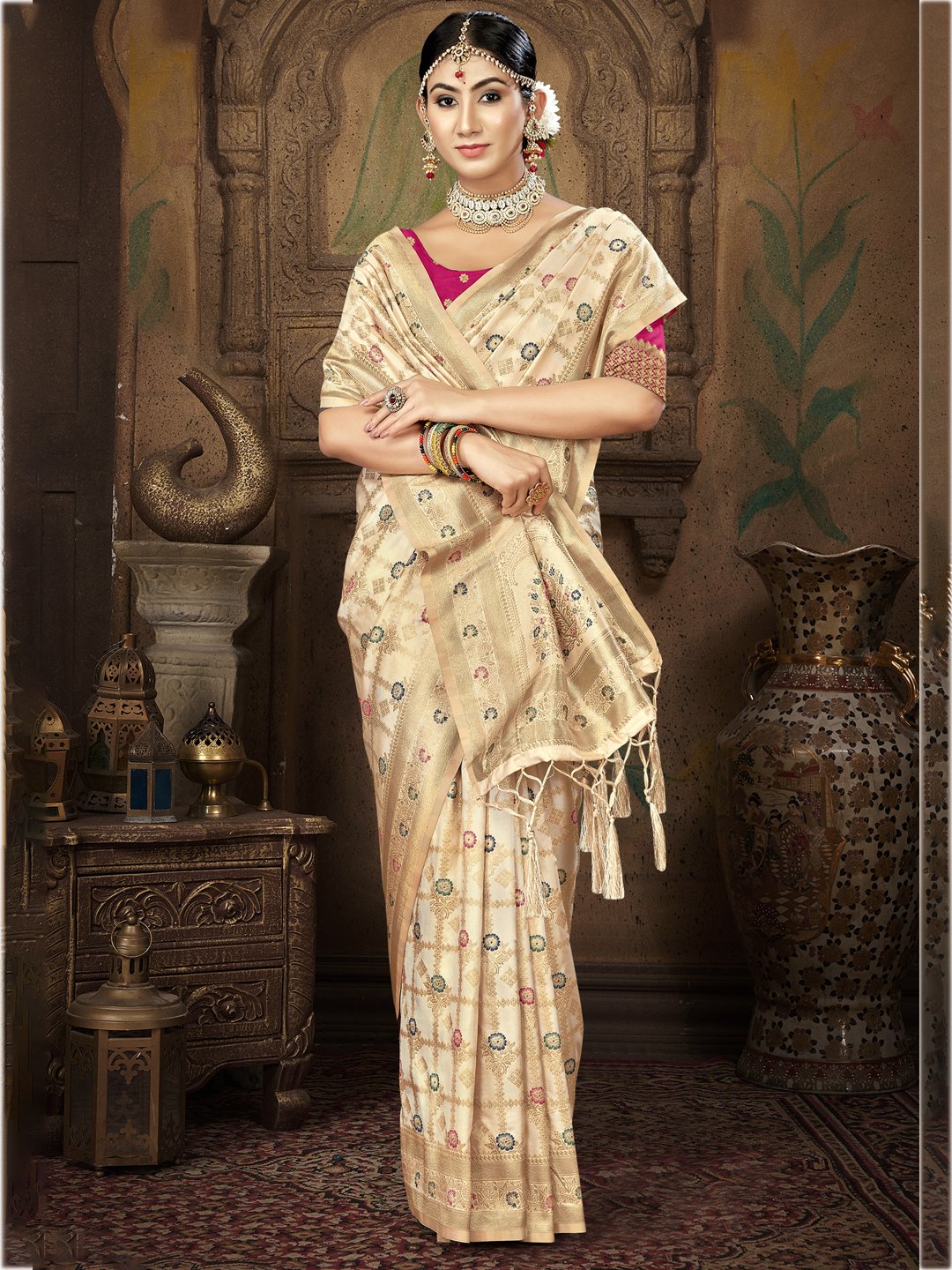 Cream Silk Woven Work Traditional Saree