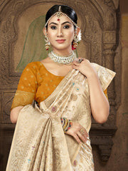 Cream Silk Woven Work Traditional Saree