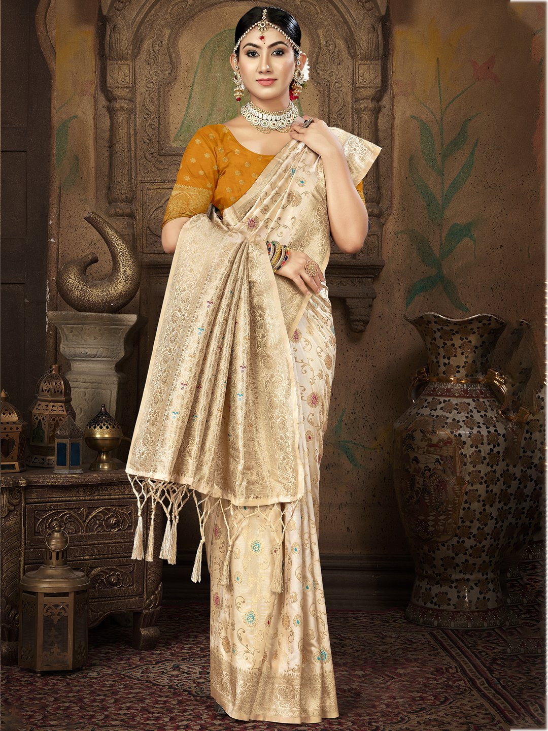 Cream Silk Woven Work Traditional Saree