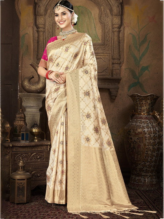 Cream Silk Woven Work Traditional Saree