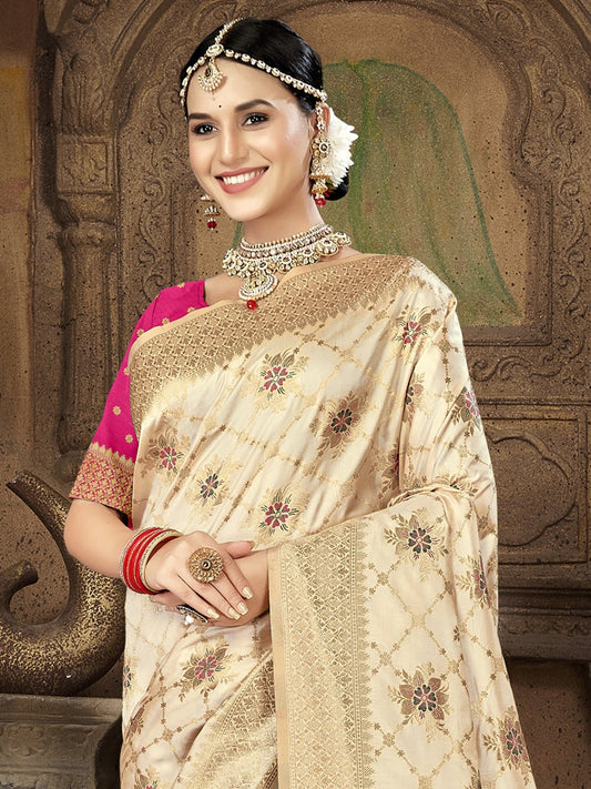 Cream Silk Woven Work Traditional Saree