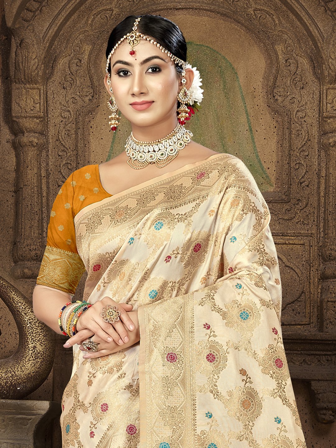 Cream Silk Woven Work Traditional Saree