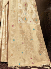 Cream Silk Woven Work Traditional Saree