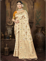 Cream Silk Woven Work Traditional Saree