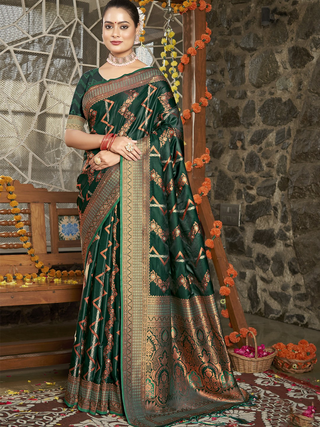 Dark Green Silk Woven Work Traditional Saree