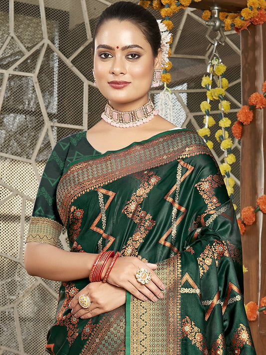 Dark Green Silk Woven Work Traditional Saree