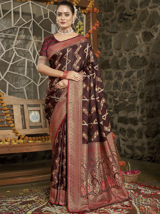 Brown Silk Woven Work Traditional Saree