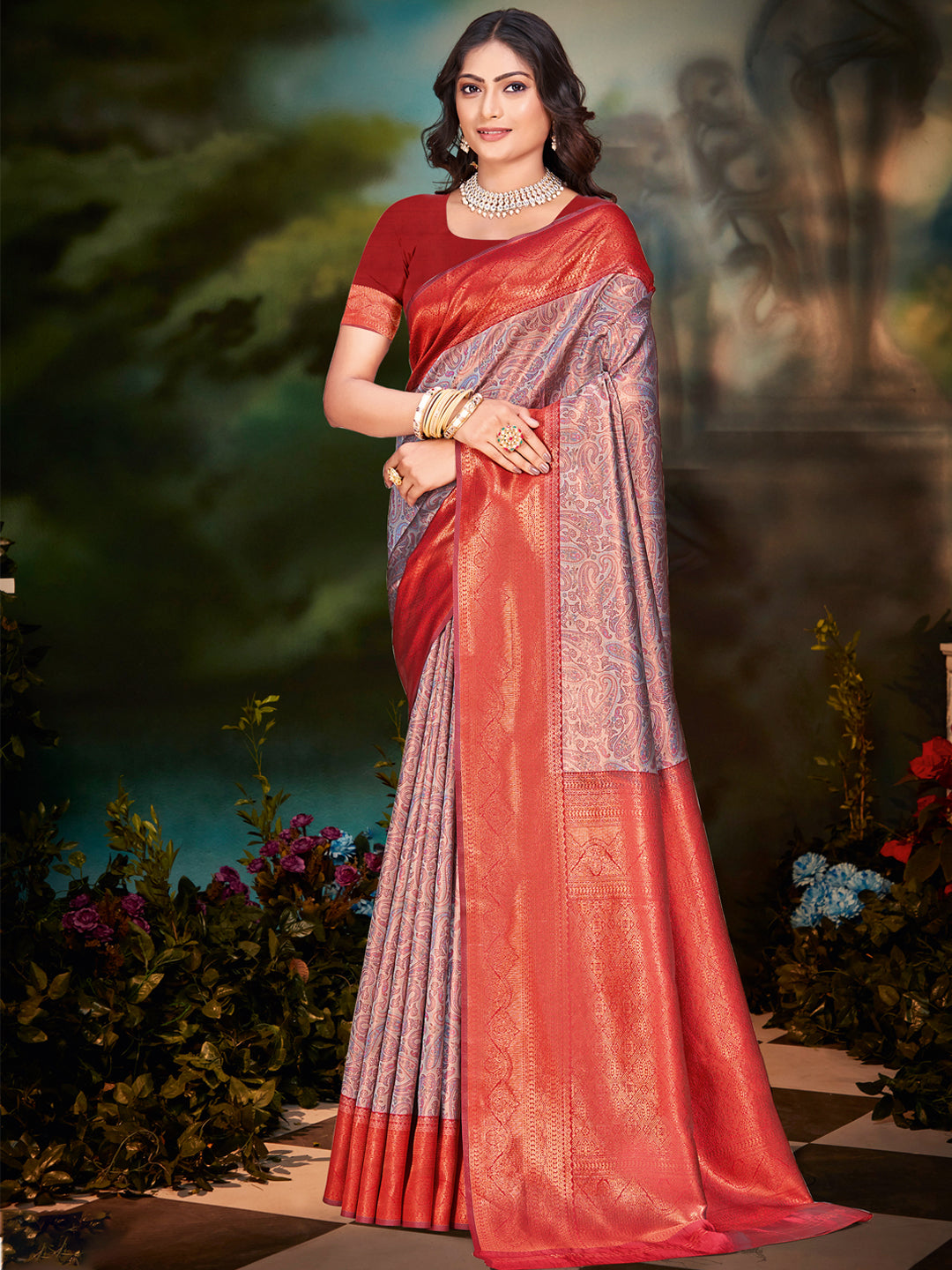 Grey Silk Woven Work Traditional Saree