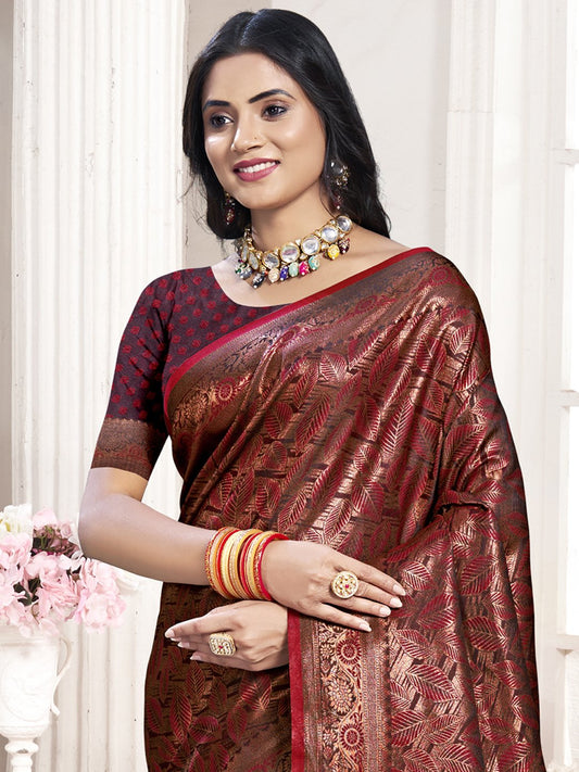 Maroon Silk Woven Work Traditional Saree