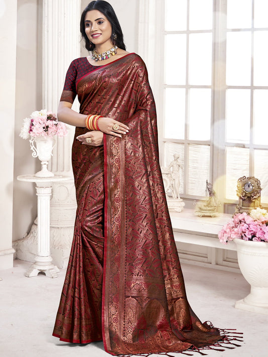 Maroon Silk Woven Work Traditional Saree