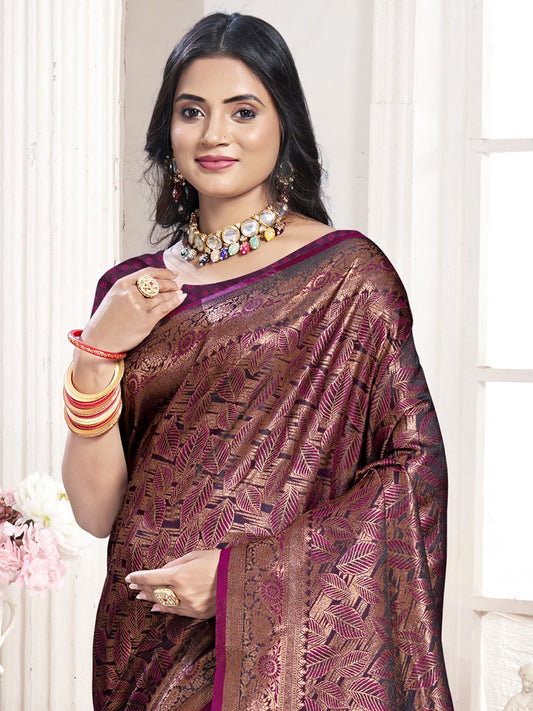 Wine Silk Woven Work Traditional Saree