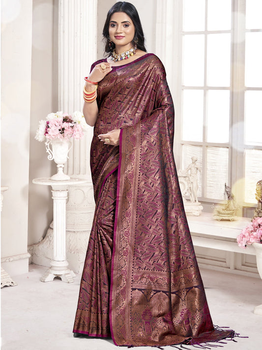 Wine Silk Woven Work Traditional Saree