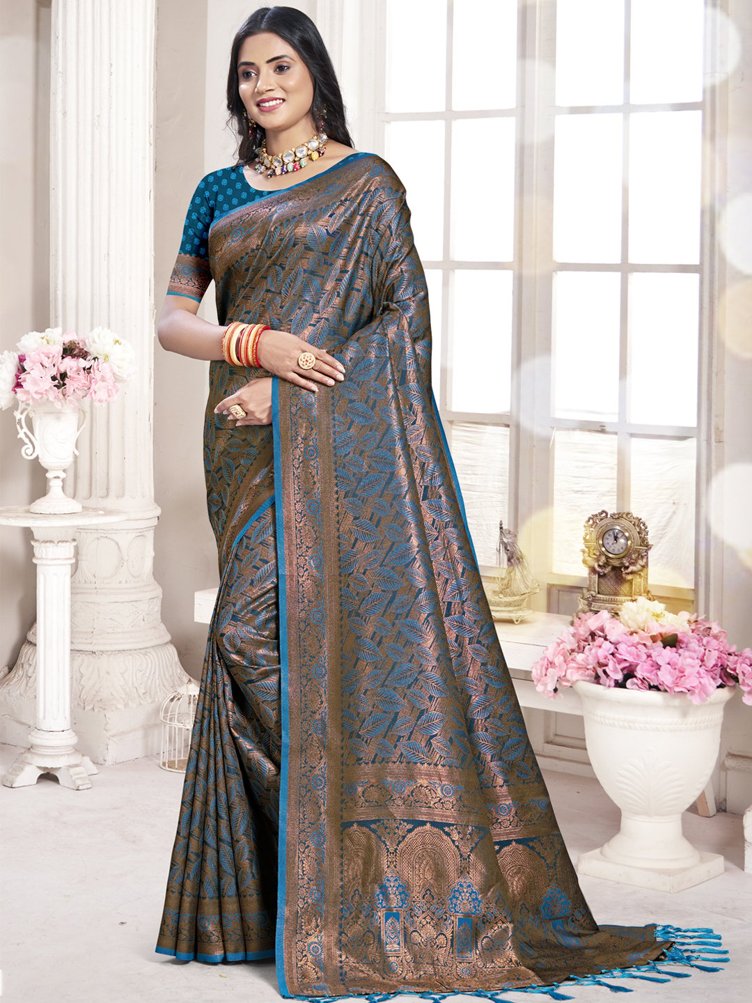 Sky Blue Silk Woven Work Traditional Saree