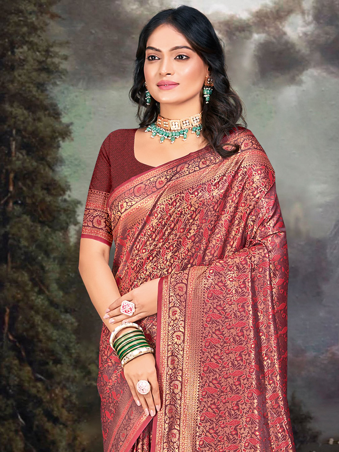 Maroon Silk Woven Work Traditional Saree